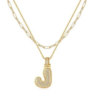 Gold Pavé Initial “J” Necklace ✨ Layered Chain Bubble Letter Pendant